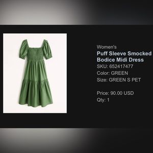 Abercrombie & Fitch green puff sleeve smocked dress